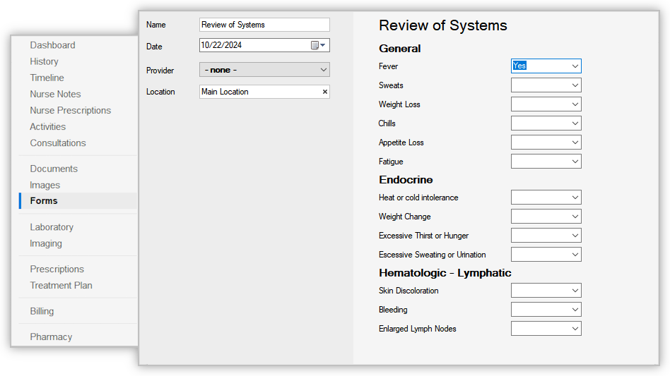 Edit Review of System patient forms